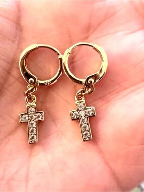 18K Gold Plated Cross Huggie Earrings with Cubic Zirconia. New